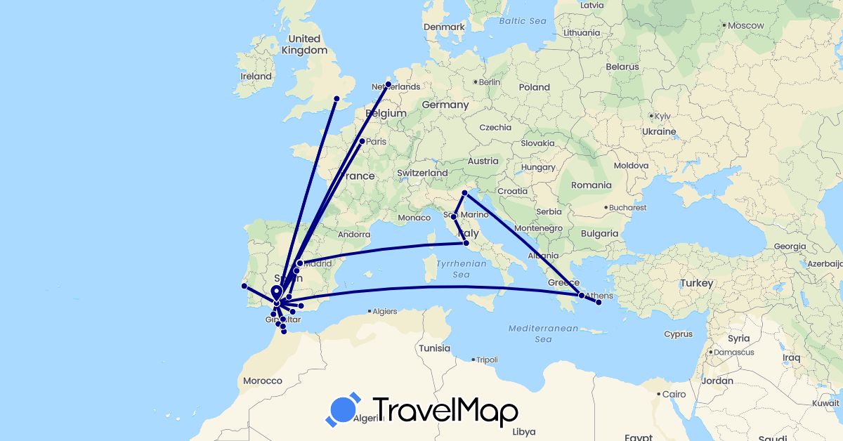 TravelMap itinerary: driving in Spain, France, United Kingdom, Gibraltar, Greece, Italy, Morocco, Netherlands, Portugal (Africa, Europe)